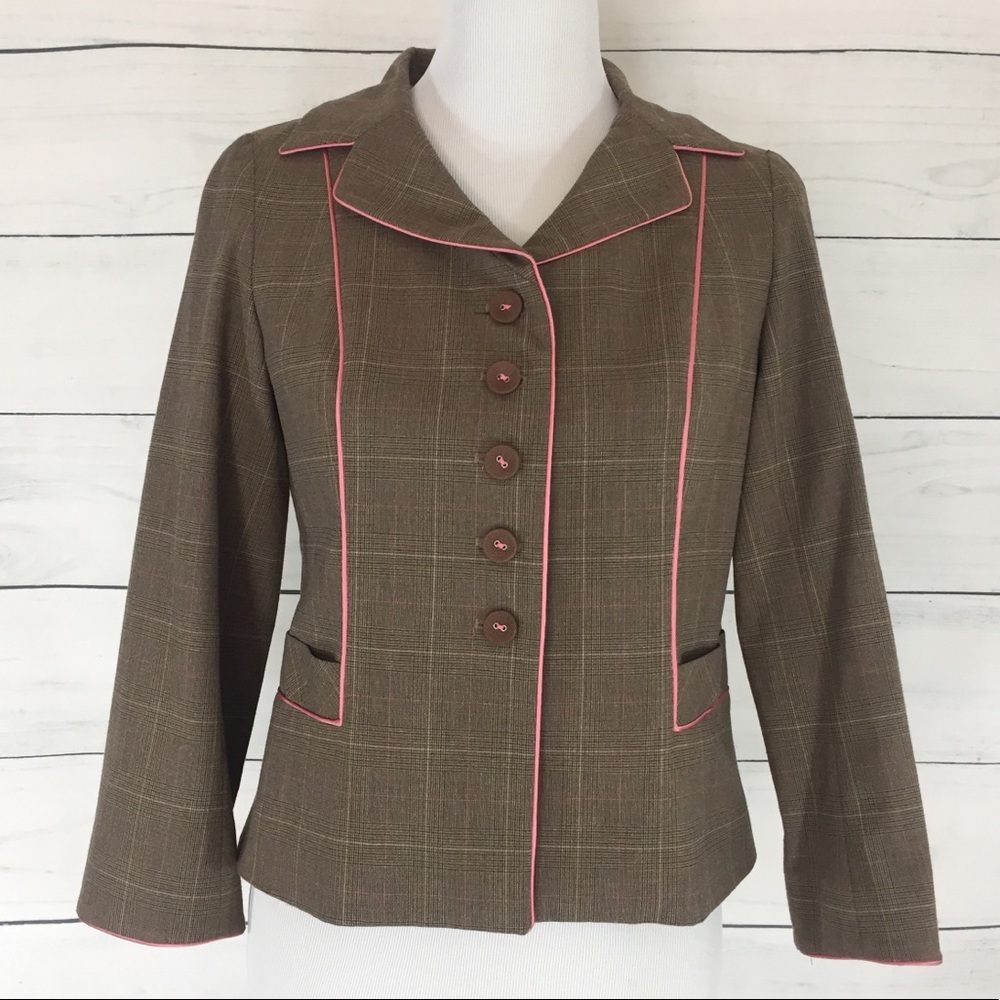 Rebecca Taylor Brown Plaid Blazer with Pink Piping